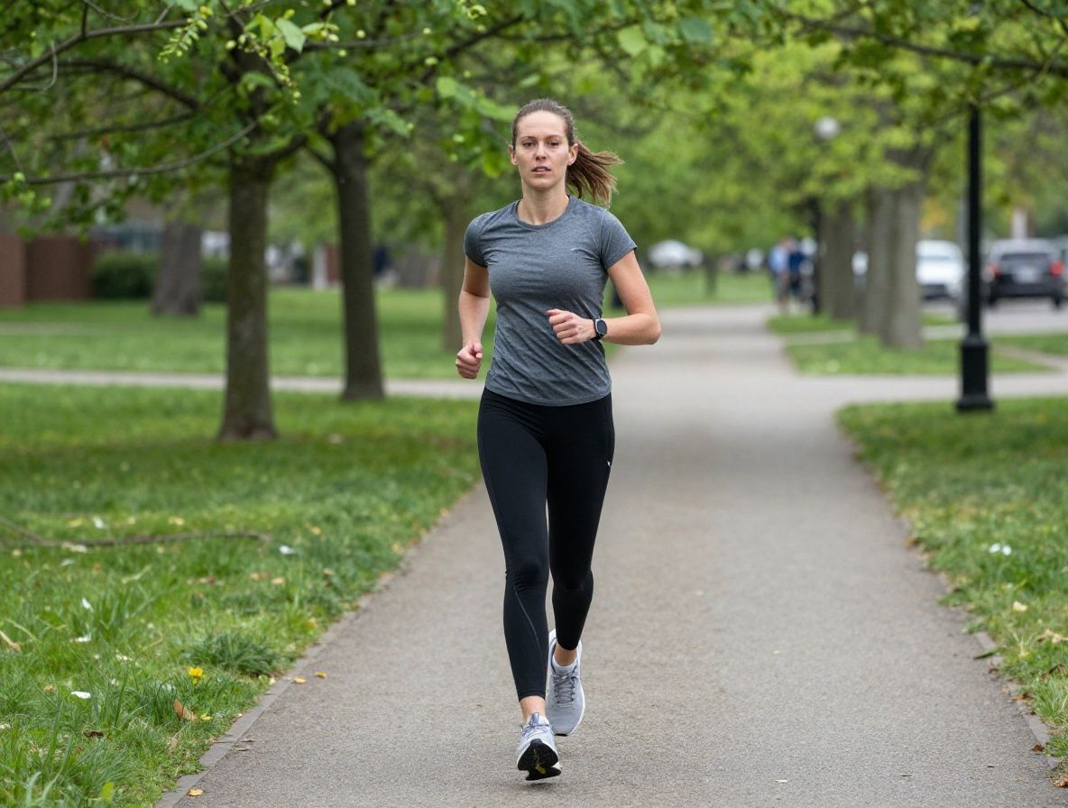Persona en ropa deportiva caminando por un parque con árboles verdes durante la mañana, luz solar suave filtrándose entre las ramas, atmósfera de energía y bienestar cotidiano