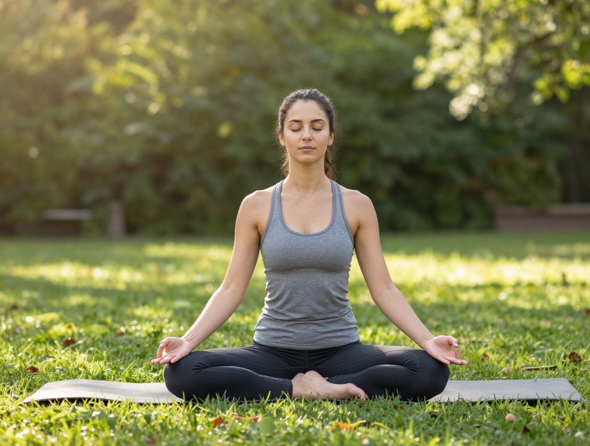 Mujer joven practicando yoga al aire libre en un parque durante la mañana, postura de meditación, rodeada de vegetación verde exuberante y luz solar dorada