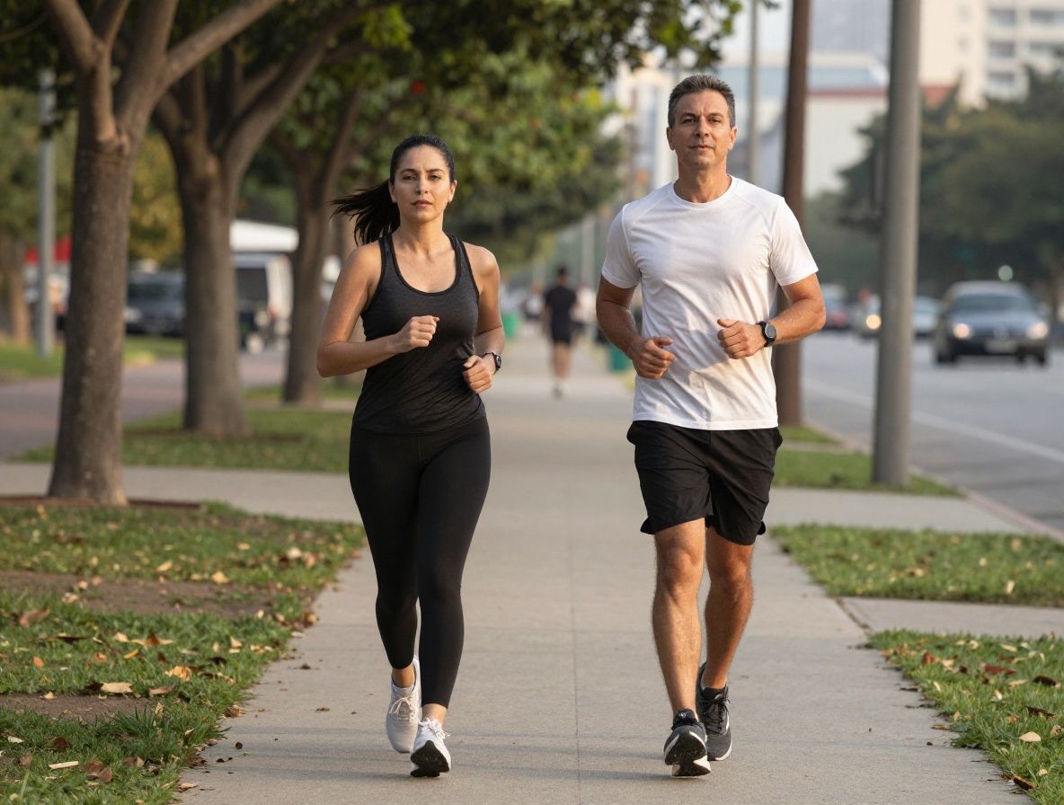 Pareja de mediana edad caminando por sendero de parque urbano rodeado de árboles, ropa cómoda de ejercicio, expresiones tranquilas, luz de tarde cálida y atmósfera activa