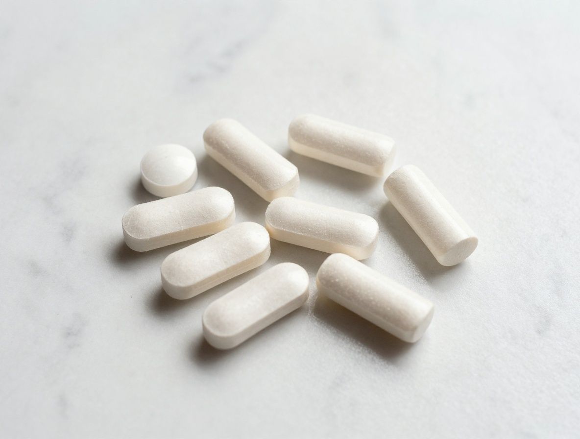 Frascos de suplementos nutricionales de aspecto genérico sobre una superficie de mármol blanco con luz natural difusa, sin etiquetas ni marcas visibles, presentación limpia y minimalista