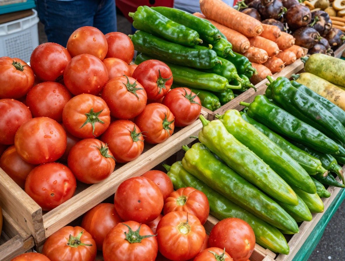 Mercado de frutas y verduras frescas coloridas en Colombia, canastas con tomates, pimentones, zanahorias y hojas verdes, ambiente vivo y local con luz natural