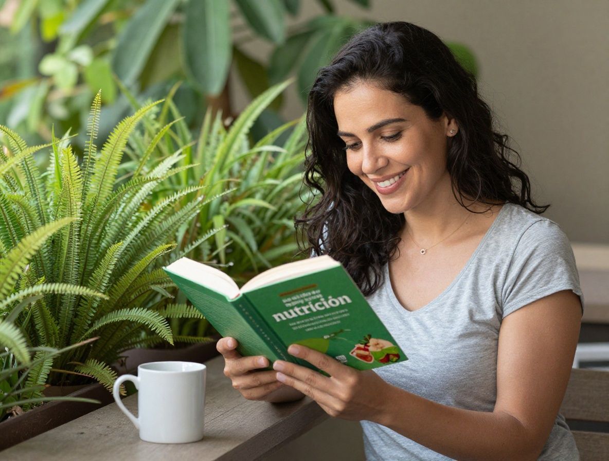 Mujer adulta sonriendo mientras lee un libro sobre nutrición en una terraza con plantas verdes, taza de té en la mano, ambiente sereno y luminoso que transmite bienestar y reflexión cotidiana